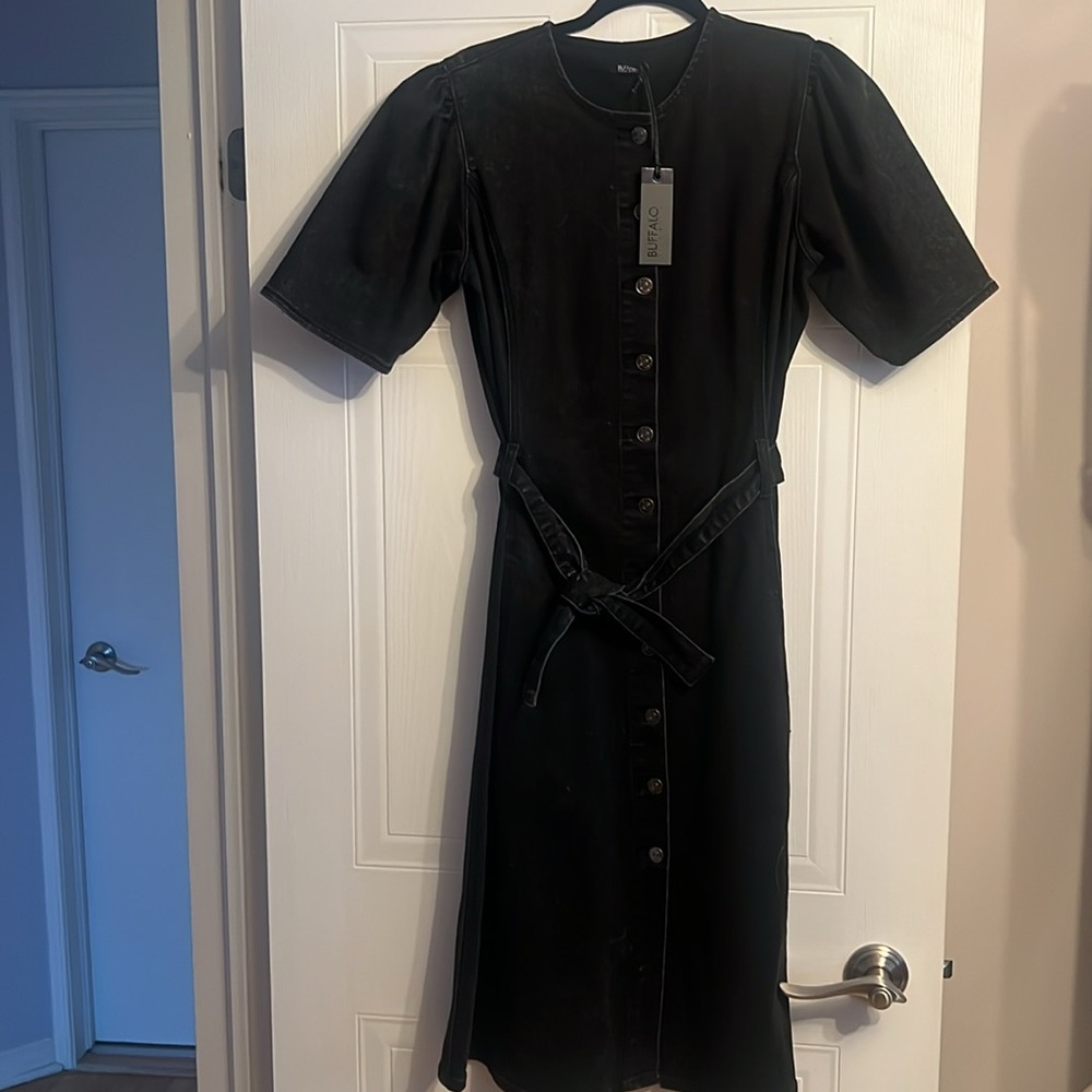 Buffalo Jeans Black Denim Midi Dress Puffed Sleeves Small-Medium New with Tags